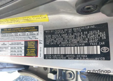 2016 Toyota Camry Se from USA, damaged, VIN 4T1BF1FK0GU153496